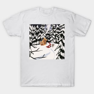 Eerie Winter Wonderland Forest Log Cabin Crime Scene T-Shirt